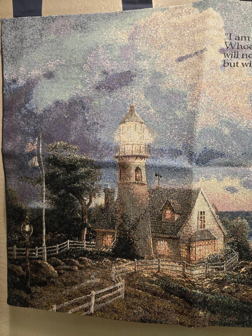 Vintage Thomas Kinkade Lighthouse Tapestry in Blue, Cream and Brown